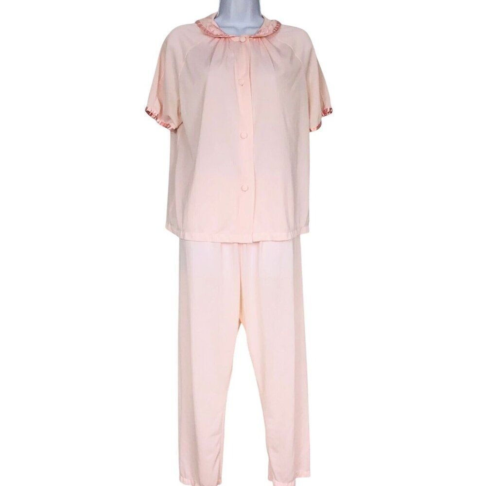 Vintage Womens M Pajamas Pink Floral Short Sleeve Top Bottom 2 Pc Set